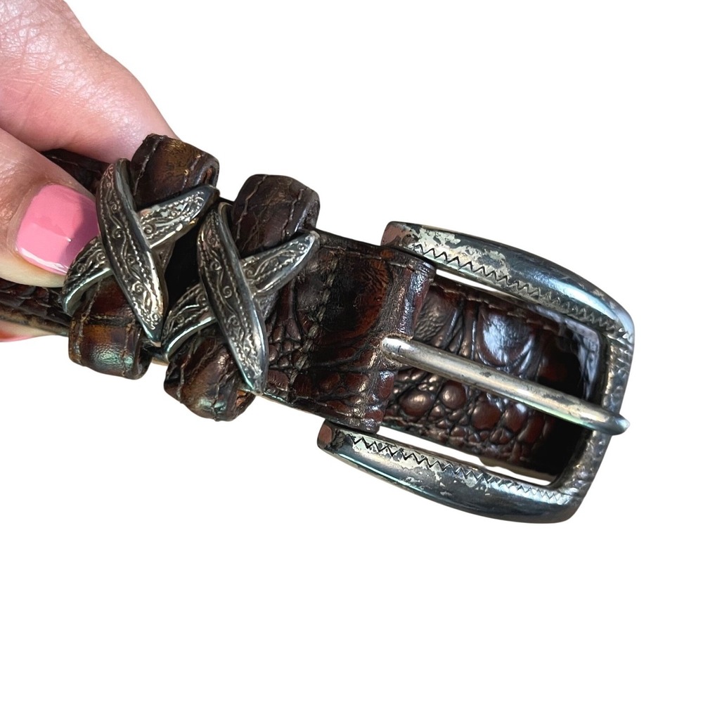 Brighton Crocodile Embossed Leather Belt Womens L 34 Brown Western Silver Ornate